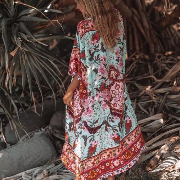 Colorful Red Mint Peacock Floral Bohemian Boho Duster Wrap Kimono Coverup Robe - Picture 3 of 11
